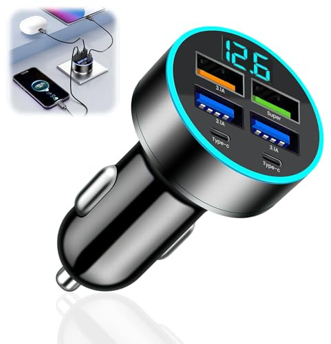 Adattatore per accendisigari USB-C da 50 W, con voltmetro LED, 4 USB A e 2 caricabatterie da auto USB-C da 12 V/24 V, alloggiamento in alluminio