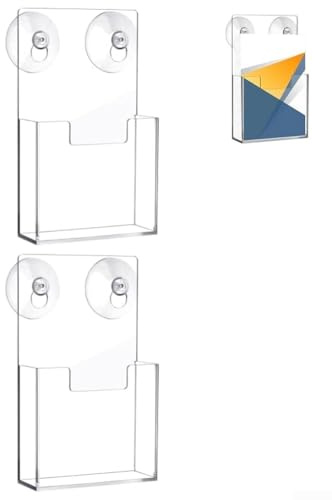 Clear Acrylic Brochure Holder with Suction Cups, 7.4 x 4.2 Inch Wall-Mounted Flyer Display Rack for Windows, Transparent Plastic Pamphlet Organizer for Office