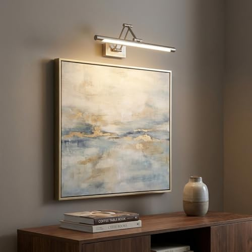Alpinaluz Aplique LED para Cuadros 60 cm 12W en Aluminio Color Níquel con Brazo Doble Articulado Orientable en 3 Ejes, Luz Cálida 2800K, Diseño Moderno Elegante para Iluminación Interior en Estudio