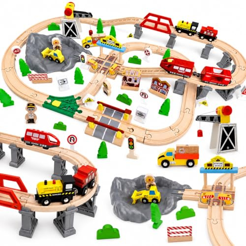 YYSWSAKY Tren de Madera para Niños, 100 Piezas Pistas de Tren Madera, con Tren Eléctrico y Grúa Magnética, Tren Juguetes Regalos de Cumpleaños y Navidad para Niños y Niña de 3+ Años