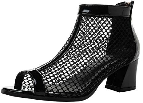 MISSUIT Damen Peeptoe Blockabsatz Sommerstiefeletten mit Reißverschluss Mesh Cut Out Ankle Boots Schuhe(Schwarz,43)