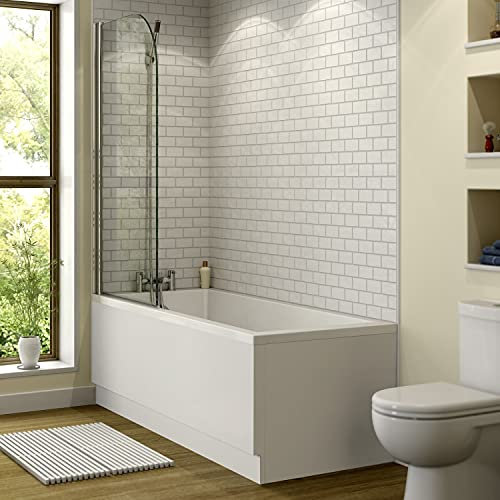 1600 x 700mm Straight Square Bathtub Shower Bath Bathroom Suite with Frameless Curved Clear Bath Screen Glass Panel Overbath Screen & Front End Bath Panel