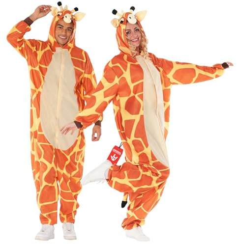 Morph Giraffkostym Vuxna - Orange Fleecejumpsuit med Giraffmönster, Huva, Stoppat Näsverk & Svans, Halloween, M