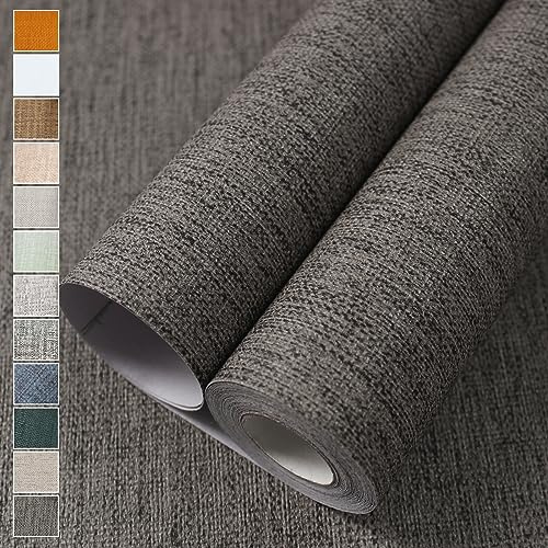 WADILE Grasscloth Peel and Stick Wallpaper, 40cm X 2m Textured Contact Paper, Faux Linen Wall Paper, Fabric Vinyl Wallpaper Self Adhesive Black Gray
