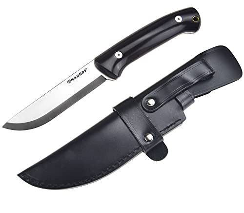 Harnds Forester Full Tang fast blad kniv med Sandvik 14C28N Blade Bushcraft Outdoors jakt överlevnad och EDC fast blad kniv (Ebony handtag + läder skida)