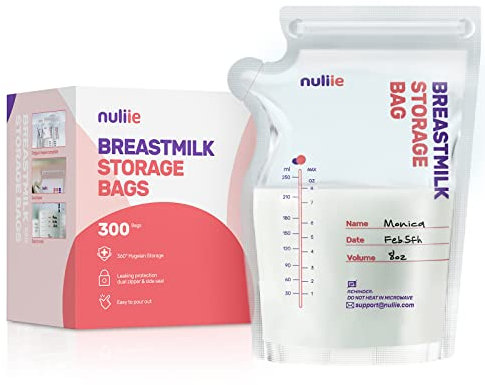 Nuliie 300 Stück Muttermilchbeutel, BPA-frei Muttermilch Aufbewahrung bag, Muttermilchbeutel mit Ausgießer für das Stillen, Selbststehender, Kann eingefroren werden,Platzsparendes, 8 Unze