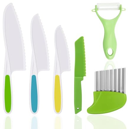 Kindermesser 6 teiliges Kinder Küchenmesser Set Enthält Wellenmesser, Sparschäler und Kunststoffhacker zum Schneiden und Kochen von Obst und Gemüse
