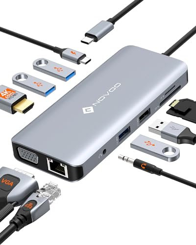 Docking Station USB C, NOVOO 11 in 1 Hub USB C, Adattatore multiporta USB C Hub con 4K@60Hz HDMI, 4 porte dati USB-A, SD/TF, Ethernet 1 Gbps, VGA, 3,5 mm per MacBook, Dell, HP, Lenovo ThinkPad