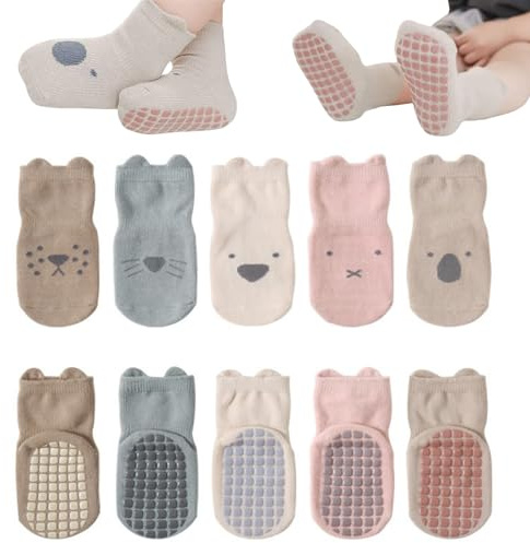 Fenglin-joy Calcetines Antideslizante Bebé,5 pares Calcetines Antideslizantes de Algodón para Bebé Calcetines con Suela de Goma Bebe para Niñas y Niños