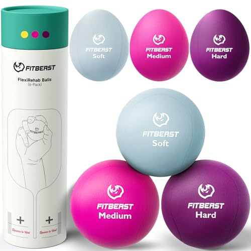 FitBeast Handterapibollar 6-pack – stresslindring, stärkning och rehabiliteringssats – inkluderar 3 äggformade och 3 runda bollar, mjuka till hårda resistensnivåer för vuxna och barn