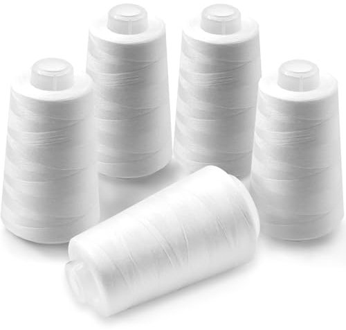 Votoko 5 Konen Overlockgarn Nähgarn, 100% Polyester Nähmaschinen garn Set, 40/2 Je 3000 Yard (2743 Meter), Insgesamt 15000 Yard, Overlock Nähgarn für Stickmaschine, Handnähen (5 Weiß)
