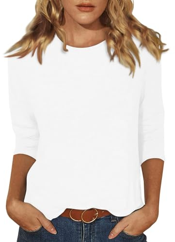 Ladies Loose Fitting Tops Womens Lightweight Solid Color Tops 3/4 Sleeve Casual Gym Fashion Daily T-Shirts Ladies Summer Round Neck Blouses 01-White 3XL