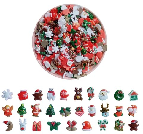 FUIPVGI 50 ciondoli natalizi assortiti in resina Yuletide con retro piatto, albero di Natale, pupazzo di neve, campana, decorazione in resina per lavori artigianali, lavori fai da te, ornamenti e
