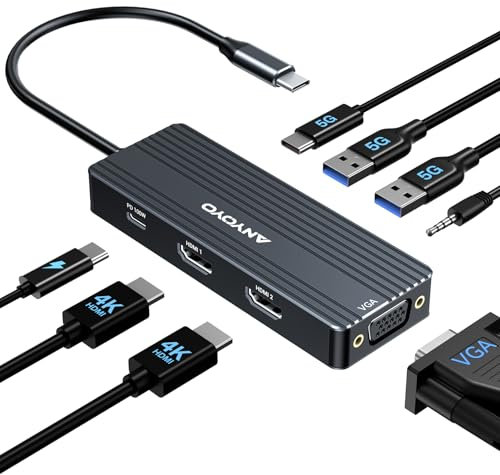 ANYOYO - Estación de acoplamiento USB C, monitor dual 8 en 1, estación de acoplamiento 3 monitores con HDMI dual y VGA, transferencia de datos de 5 Gbps, base para portátil para MacBook Air/Pro, Dell