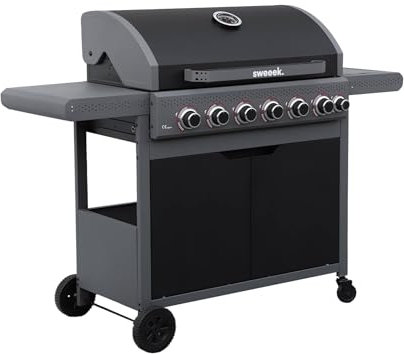 sweeek - Barbecue au gaz Edmond noir - 6 brûleurs + 1 feu latéral. avec thermomètre. L 132x P62 x H143 cm