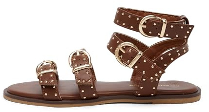 LUCKY STEP Women's Rhinestone Buckle Flat Sandals Open Toe Gladiator Casual Shoes Ankle Strap Summer Fisherman Sandal(8 M US Brown)