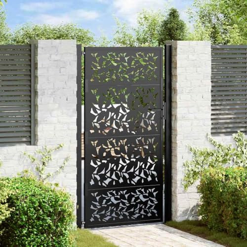 Portillon de Jardin, Portail de Jardin Porte de Clôture Porte de Jardin Portail de jardin noir 105x180 cm acier conception de feuilles