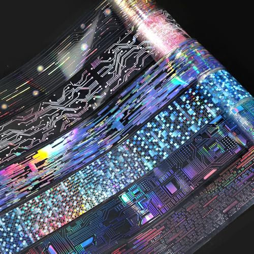 6Rollen Punk Kreislauf PET Tape Journaling Zubehör Laser Schaltkreise Washi Tape Sticker Scrapbook Zubehör Welle Chip Chip Washitape Circuit PET Stickers Bullet Journal Sticker Scrapbooking Zubehör