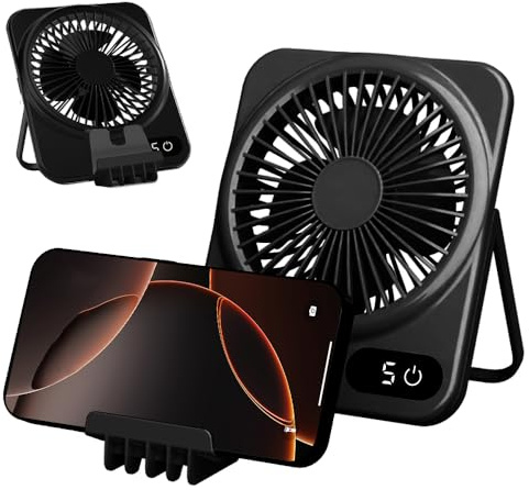 Bordsfläkt litet batteri, bärbar minifläkt med telefonhållare, fickfläkt med LED-skärm, 180° justerbar, 5 hastigheter, för resor, utomhus, camping, hogar, oficina (svart)