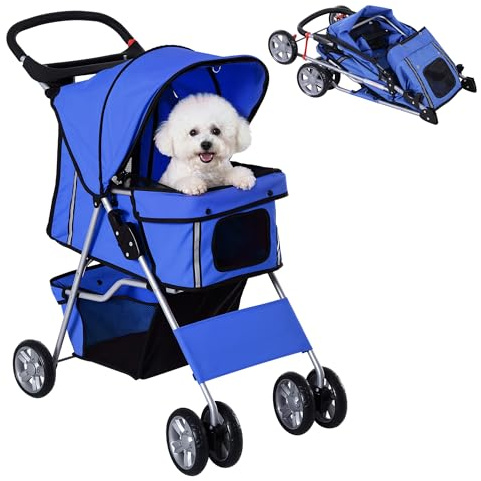 PawHut Poussette buggy pliable animaux chariot pliante chien chat porte-gobelet panier de rangement inclus roues avec frein tissu 600D Oxford acier 75 x 45 x 97 cm bleu