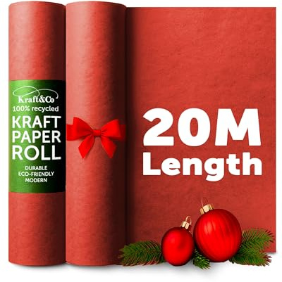 Kraft & Co Recycled Kraft Wrapping Paper Roll 69cm x 20m– 80gsm Durable Tear-Resistant Gift Wrap, Eco-Friendly, Recyclable & Biodegradable – All-Occasion Wrapping Paper - Red