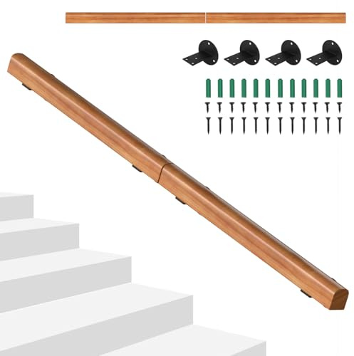 Hebitod Pasamanos de madera de pino, 150 cm, barandilla para escaleras, madera semicircular, pasamanos de madera antideslizante, montado en la pared con material de montaje, para escaleras, barandilla