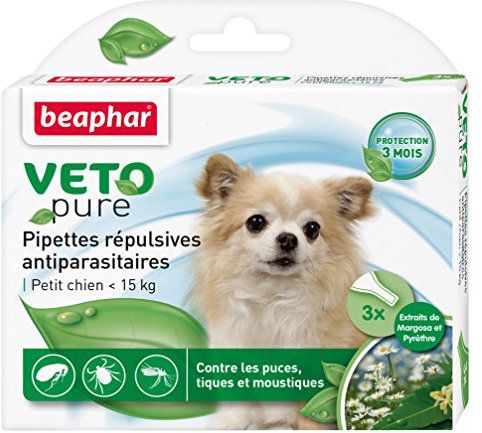 BEAPHAR – VETOPURE – Pipettes répulsives antiparasitaires pour Petit Chien <15kg – Aux extraits de Margosa & Pyrèthre – Contre Les puces, Les tiques et Les moustiques – Protection 3 Mois – 3 pipettes