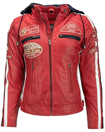 URBAN 5884 Chaqueta de moto para mujer con protectores, de piel de cordero, con protectores de espalda, hombros y codos. | Rojo Wax | 3XL