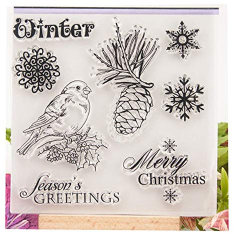 arriettycraft Transparente Stempel für Grußkarten, Dekoration und Scrapbooking, Motiv: Frohe Weihnachten, Schneeflocken, Vögel, zum Basteln