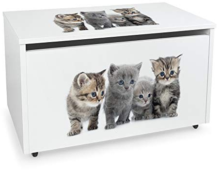 leomark Blanco Caja de madera banco con almacenamiento para juguetes con Asiento, Baúl de juguetes sobre ruedas, Dim: 71 cm x 40 cm x 46 cm/WxDxH/ (Gatos)