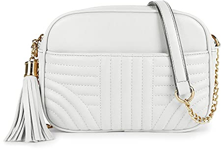EVVE Bolsos cruzados acolchados para mujer, elegante bolsa para cámara con borla, bolso de hombro ligero de tamaño mediano, White, Talla única