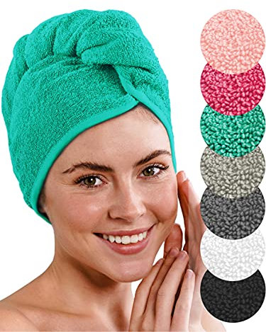 LAYNENBURG 2er-Set Premium Haarturban mit Knopf aus 100% Baumwolle - Haarhandtuch inkl. 8 Haargummis - für Kurze und Lange Haare – Turban Handtuch ist schnelltrocknend und saugstark (türkis)