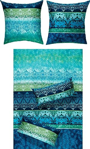 Erwin Müller Bettwäsche, Bettgarnitur, Bettbezug, Wende-Kissenbezug Mako-Satin orientalisch, blau Größe 80x80 cm / 155x220 cm - temperaturausgleichend, mit Reißverschluss