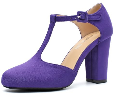 Women's T-Strap Block Chunky Heel Mary Jane Pumps Cut Out Wedding Dress Shoes, Suede Purple, 9.5