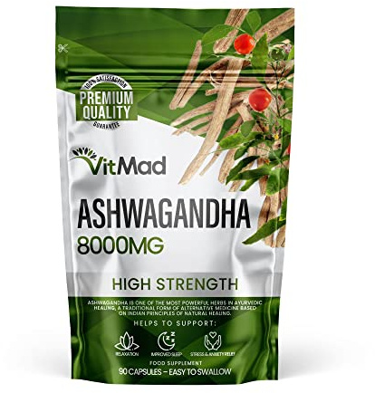 Ashwagandha 8000mg, Pure High Strength Ashwagandha Root Extract Withanolides, Mood, Stress, Anxiety, 90 Vegan Capsules