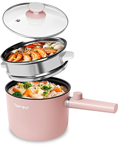 Topwit Hot Pot Electric with Steamer, 1.5L Ramen Cooker, Non-Stick Sauté Pan, Portable Cooking Pot, Electric Cooker with Dual Power Control, BPA Free, Over-Heating & Boil Dry Protection, Pink