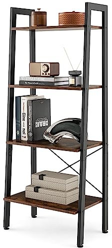 COSTWAY 4-Tier Ladder Bookshelf, Industrial Bookcase Storage Shelving Unit with Anti-Tipping Kits, Freestanding Metal Frame Wooden Display Rack Shelf for Living Room Office (56x32x138cm, Rustic Brown)