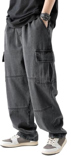 Oanviso Homme Jeans Y2K Pantalons en Denim Lâche Jeans Baggy Mode Pantalons Eté Homme Casual Bassin Pantalon Ample Coupe Droite Style Hip-Hop Jean Larges Jambes B Noir L