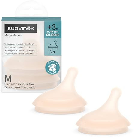 Suavinex, 2er Pack Sauger für Zero Zero Anti-Colic Babyflasche, Ersatz Sauger mit 2 Medium Flow Saugern (M), für Flüssigkeiten mittlerer Dichte, Milch, Saft oder Flüssignahrung, für Babys ab +3 M, 2U