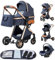 GLOKID Kinderwagen 3 in 1,Reisesysteme, Babywanne,Buggy&Sportsitz,Tragbarer,Voll-Gummireifen,Mit Einem Klick Zusammenklappbarer,Zubehör (LV9 Blau)