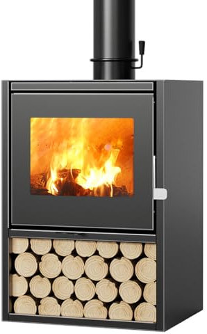 Batel Huh Kaminofen mit Keramikglasfenster Werkstattofen, Kamin Ofen Dauerbrandofen Hüttenofen Heizofen, Schwarz (Black), Holzofen, Geeignet für Hotel Gastfamilie Villa Café (Size:60x49x85cm)