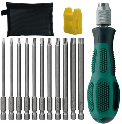 JASFLY Juego de 12 destornilladores Torx magnéticos, con orificio de 1/4 pulgadas, juego de puntas Torx con bolsa de almacenamiento T6/T7/T8/T9/T10/T15/T20/T25/T27/T30/T40 para destornillador