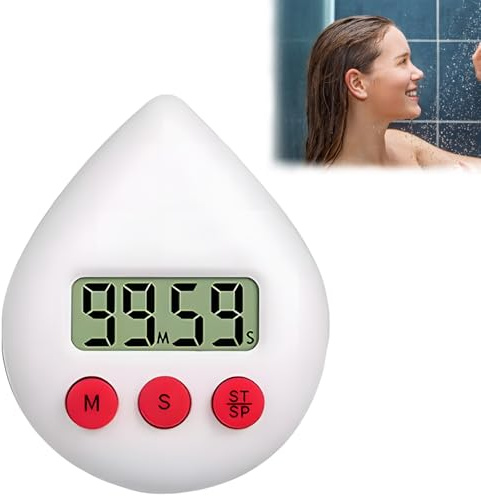 EujRcf Digital Shower Timer, Bathroom Clock Water Drop Shape, Shower Clock, Energy Saver Digital Timer, Ideal for School Study, Kitchen Cooking, and Shower, White