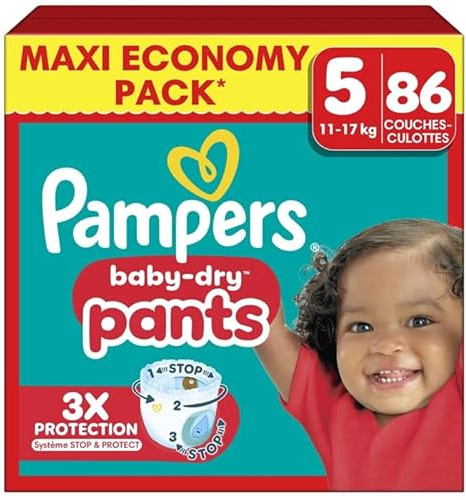 Pampers Baby-Dry Pants Taille 5, 86 Couches-Culottes, 11kg-17kg, Maintien 360° Pour Aider À Éviter Les Bâillements et Les Fuites