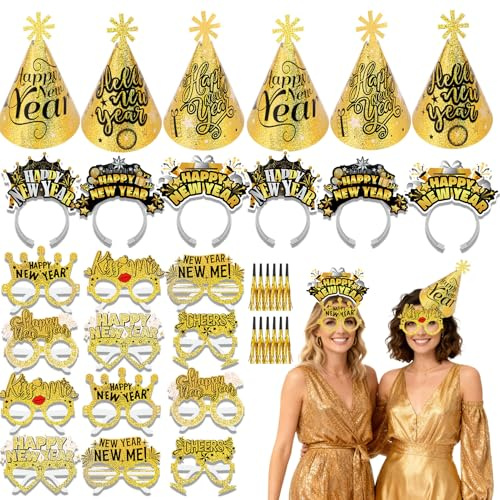 HOWAF Bolsas de Cotillon Nochevieja 2026, Diadema Año Nuevo Diadema Happy New Year Sombreros de Cono, Gafas Nochevieja 2026, Matasuegras para Accesorios Photocall, Decoracion Fin de Año, Oro Brillante