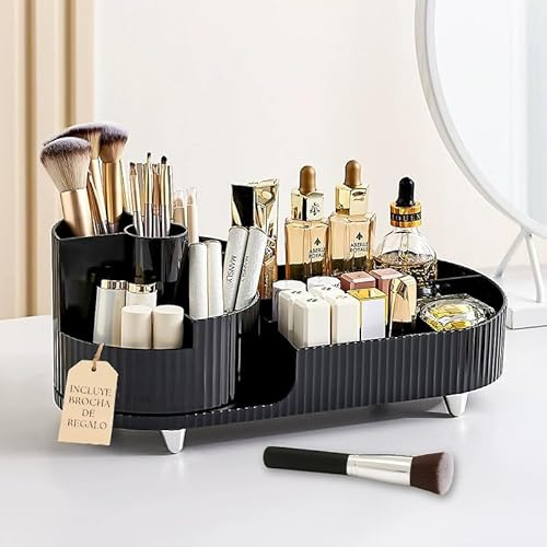 Organizador de Maquillaje Giratorio 9 Compartimentos Caja Organizadora Multiusos para Cosméticos, Accesorios de Baño y Tocador Organizador brochas maquillaje Diseño Elegante, Ahorra Espacio Negro