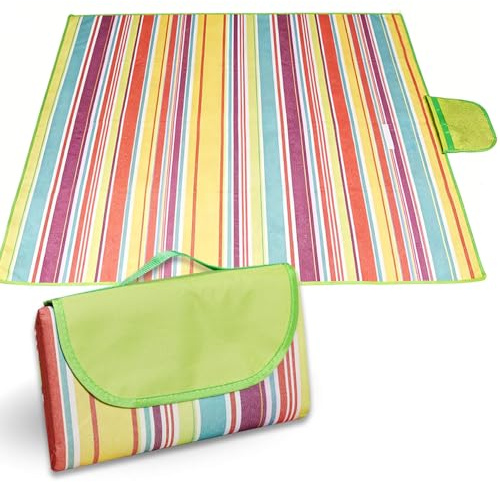 Telo impermeabile picnic 200x200cm,Manta tappeto pic nic Resistente Arena Humedad con Asa,Extra Grande Plegable y Portátil telo picnic grande para Parque Jardín Exterior Playa,Camping(Rayas Colores)
