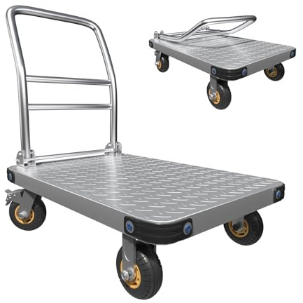 MediHoist Folding Platform Trolley 900 kg Capacity, Heavy Duty Platform Trolley with 12.7 cm Braked Wheels, 91x60 cm Flatbed Trolley for Warehouse, Furniture & Appliance Moving, Silver