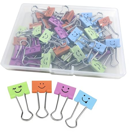 Smiley Face Binder Clips, 19mm Mini Foldback Clamps, 40 Pcs | Vibrant assorted colors, Strong metal spring, Keep documents organized, Fun novelty design, Ideal for office
