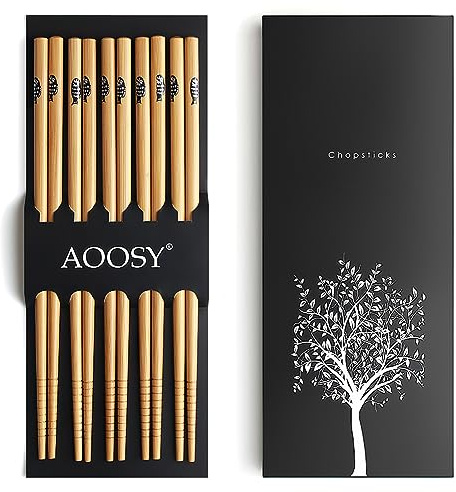 5-Pair Reusable Natural Bamboo Chopsticks, AOOSY Classic Japanese Style Chop Sticks Gift Set, Dishwasher Safe, Hand-Carved 8.8 Inch/22.5cm (Fish Pattern Chopsticks with box)